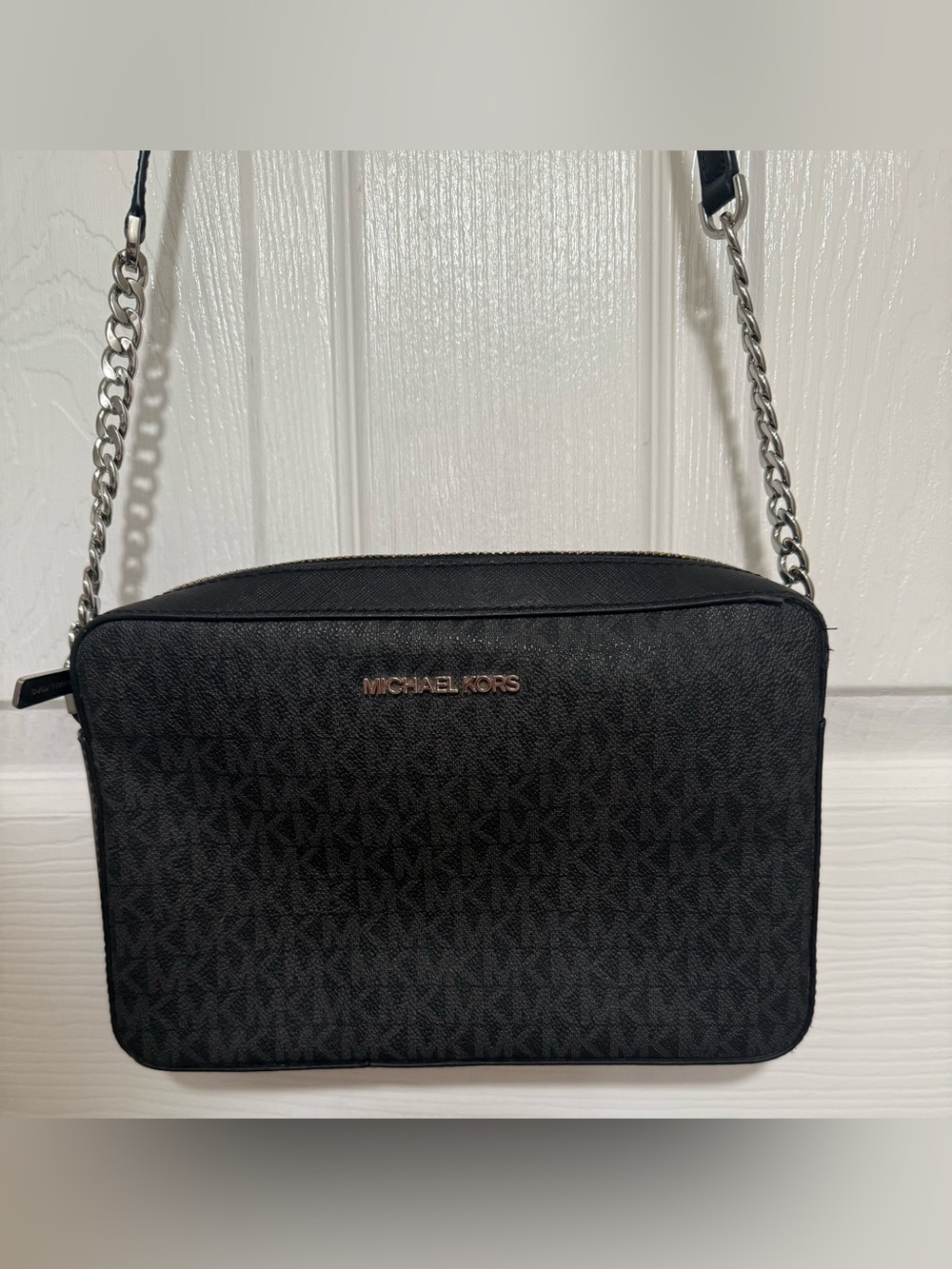 Michael Kors Signature MK Monogram Zip Small Crossbody Bag Black Silver Chain
